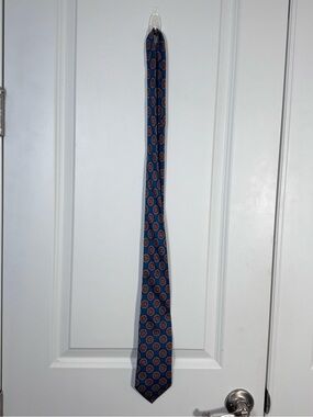 Maison Blanche Silk Tie Made in Italy Blue Burgundy Geometric Medallion Mens